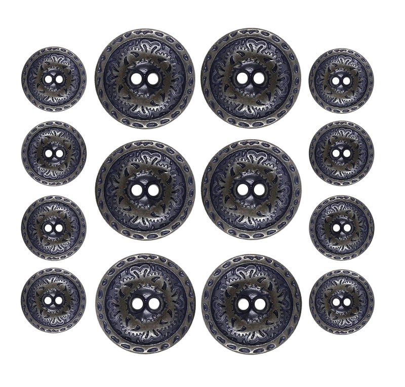 Bezelry Black Copper and Dark Blue Flower Engraving Metal Hole Blazer Button Set. 6 Pcs of 23mm, 8 Pcs of 15mm - Image 1